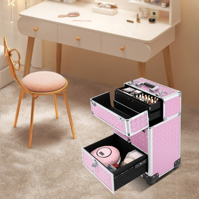 1pc Rolling Oversized Makeup Case with 4 Built-In Trays And a Handle for Easy Movement. It Is an Exclusive Wheeled Storage Tool for Nail Technicians, Artists, Beauticians, And Stylists